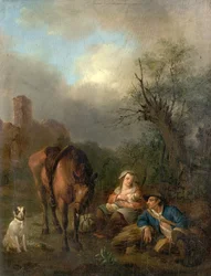Paysage avec figures, un cheval et un chien