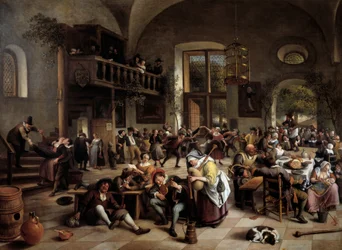 Fête dans une auberge Musiciens, joueurs, hommes et femmes buvant