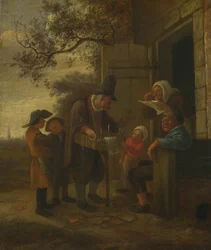 Un colporteur vendant des lunettes devant un cottage, vers 1653
