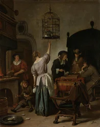 Intérieur avec une femme nourrissant un perroquet, connu sous le nom de « La Cage au perroquet », vers 1660-70