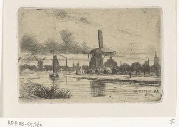 Paysage fluvial avec moulins
