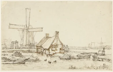 Paysage avec maisons et moulin à vent