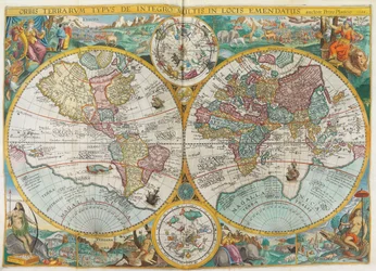 Itinerarium. Carte du monde avec costumes, indigènes, navires, plantes et animaux
