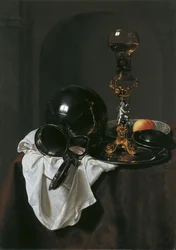 Nature morte avec verre de vin et cruche en étain