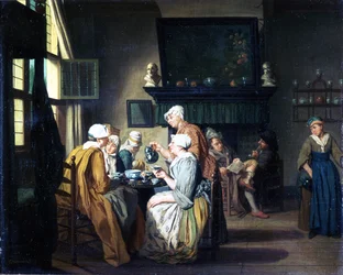 Intérieur bourgeois avec des dames buvant du thé, un homme lisant près de la cheminée
