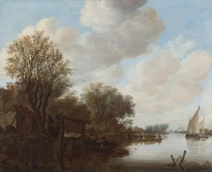 Paysage fluvial avec des personnages près d