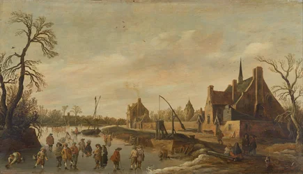 Paysage de rivière gelée avec patineurs