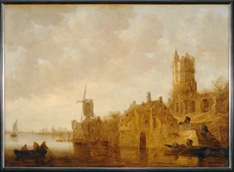Paysage fluvial avec moulin et chi¢teau en ruines ...
