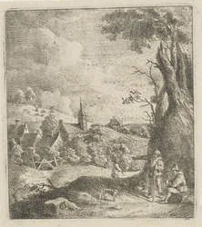 Paysage avec un village et deux hommes près d