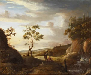 Paysage avec un artiste peignant une cascade