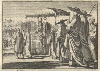 Christian IV, roi du Danemark, déguisé en pape, imitant une procession avec ses courtisans, 1596