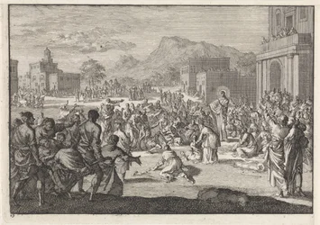 Christ parle à une foule sur une place