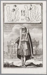 Homme juif, habillé pour la prière. En arrière-plan, la synagogue portugaise d
