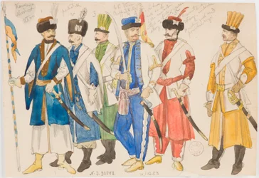 Études de costumes - Série de figures masculines en uniformes militaires
