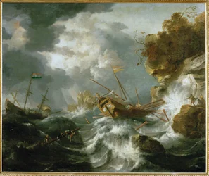 Navires en détresse sur une côte (peinture sur toile)