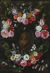Cartouche décoré de guirlandes et de bouquets de fleurs