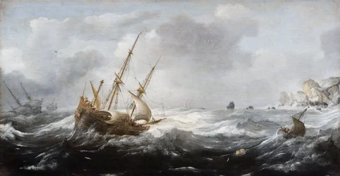Navires dans une tempête sur une côte rocheuse