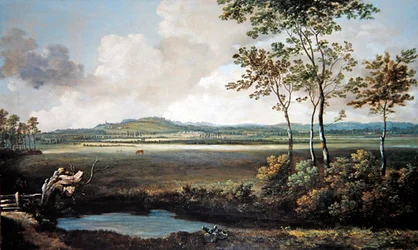 Paysage étendu avec un ruisseau et des chevaux paissant