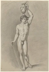Homme nu debout avec un vase sur la tête