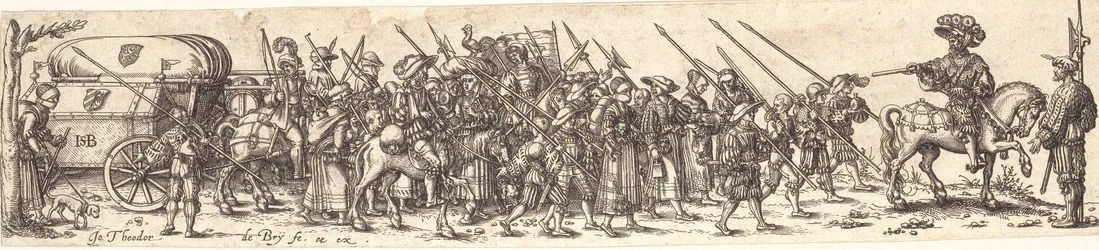 Troupe de soldats, devant un officier à cheval
