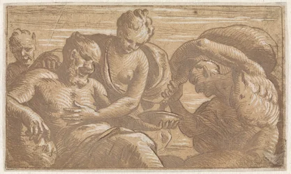 Faune versant du vin pour un homme assis
