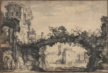Paysage avec ruines (recto) ; Tête de femme et animaux (verso)