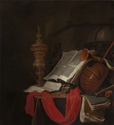 Nature morte avec instruments de musique et livres Vanitas