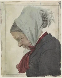 Vieille femme avec foulard et châle rouge