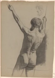 Nu masculin debout aux bras levés, vu de dos