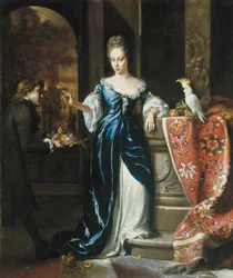 Portrait de Lodewina Schey en robe bleue, avec un assistant portant des fleurs