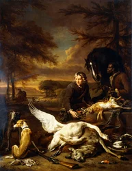 Dépouilles de chasse avec un serviteur de chasse et un page noir tenant un cheval bai, 1700