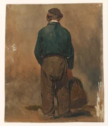 Pêcheur, panier à la main, vu de dos