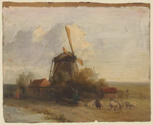 Paysage avec moulin et berger avec moutons