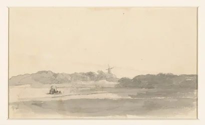 Paysage de prairie avec charrette de foin et moulin à vent