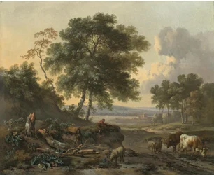 Néerlandais : Paysage avec du bétail à un gué Paysage avec du bétail à un endroit où l