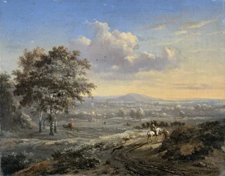 Paysage vallonné avec un cavalier sur une route de campagne