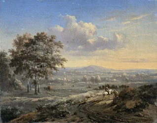 Paysage vallonné avec un cavalier sur une route de campagne