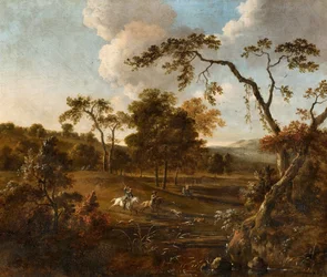 Paysage avec collines et chasse au cerf