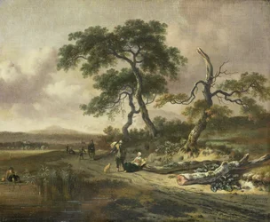 Paysage avec un colporteur et une femme se reposant