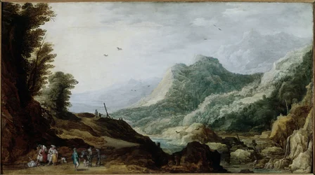 Paysage de montagne avec une famille de paysans au bord de la route