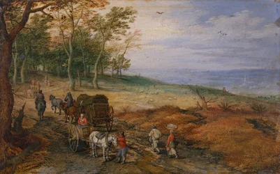 Paysage boisé avec voyageurs