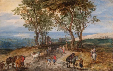 Scène de route de campagne avec des figures : Un homme priant à un sanctuaire, vers 1610