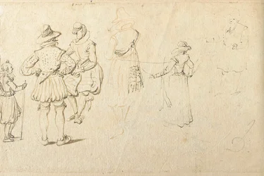 Cinq figures vues de dos, et une autre figure