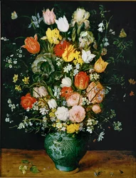 Fleurs dans un vase bleu (peinture sur bois de chêne)