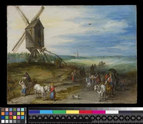Paysage avec moulin et charrettes, vers 1611