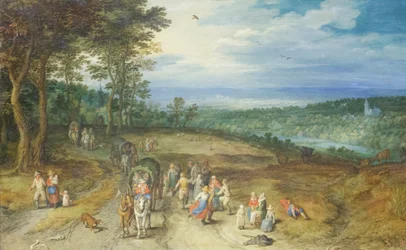 Paysage avec voyageurs et paysans sur un chemin