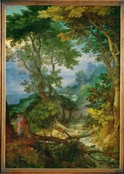 Paysage de montagne avec la tentation du Christ (peinture sur bois de chêne)