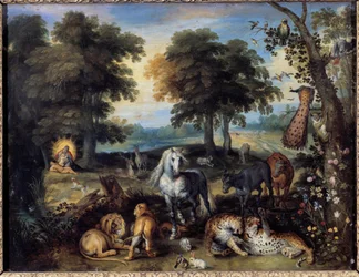 Le paradis terrestre. Différents animaux cohabitent dans le jardin d