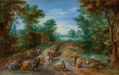 Paysage boisé avec des voyageurs