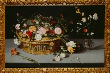 Nature morte avec panier et vase de fleurs